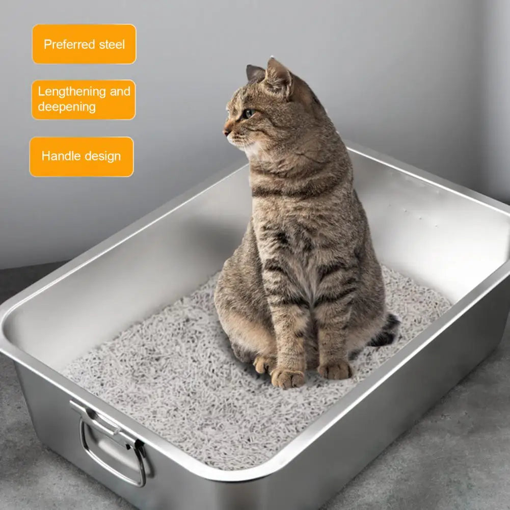 Deep Litter Tray Durable Stainless Steel Cat Litter Box Spacious Low Entry Design for Easy Access Pet Accessories